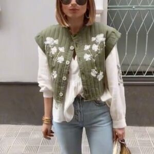 Zara Olive Green Quilted Embroidered Button Vest